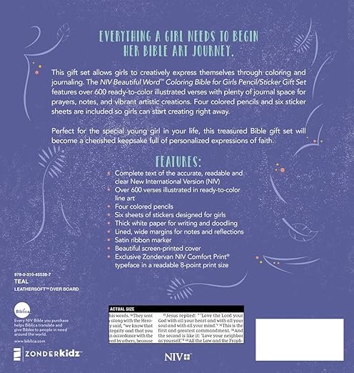 NIV, Beautiful Word Coloring Bible for Girls Pencil/Sticker Gift Set, Updated, Leathersoft over Board, Teal, Comfort Print: 600+ Verses to Color - Image 2