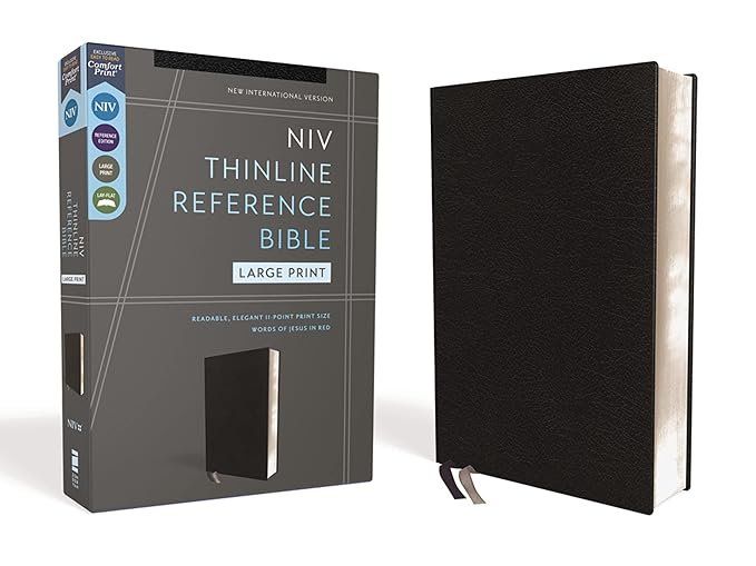 NIV, Thinline Reference Bible (Deep Study at a Portable Size), Large Print, Bonded Leather, Black, Red Letter, Comfort Print